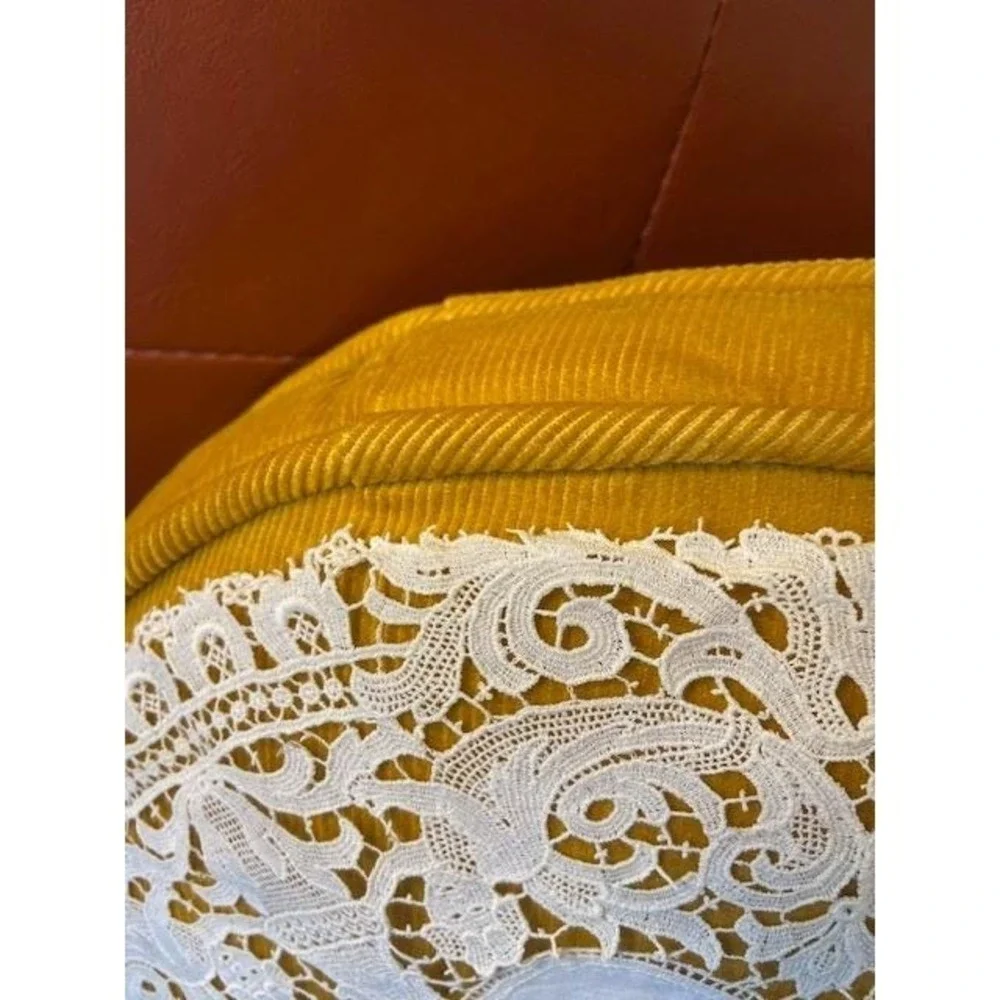 Round Throw Pillow Yellow Corduroy White Lace Accent Cottagecore Vintage Mustard